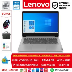 Lenovo Ideapad Slim 3i-14IML05 81WA00F0ID | Intel Core i3-10110U | RAM 4 GB | SSD 256 GB | W10 | OHS | 14 HD TN