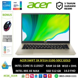 ACER SWIFT 3X SF314-510G-50CC GOLD | i5-1135G7 | RAM 16GB | SSD 512GB | INTEL XE MAX GRAPHICS | W10 | OHS | 14.0 FHD