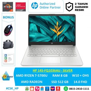 HP 14S-FQ1036AU - Silver | AMD Ryzen 7-5700U | AMD Radeon | RAM 8GB | SSD 512GB | W10 | OHS | 14.0 FHD