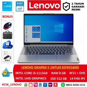 Lenovo IdeaPad 5 14ITL05 82FE0160ID Platinum Grey | Intel core i3-1115G4 | RAM 8GB | SSD 512GB | W11 | OHS | 14.0 FHD IPS
